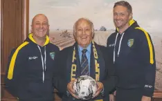  ?? Picture: TIM MARCUS ?? PROUD: Surf Coast FC president Steve Christou, ambassador Frank Costa and director Mike Cooper.