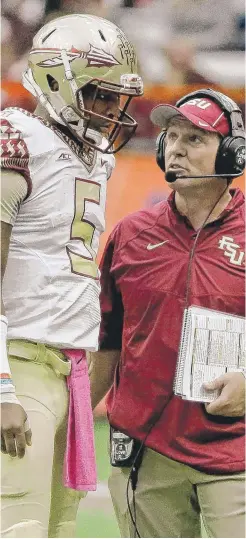  ?? | FRANK FRANKLIN II/ AP ?? Florida State coach Jimbo Fisher ( right, with quarterbac­k Jameis Winston) saw big things for the Seminoles and Notre Dame nearly three years ago.