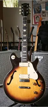  ??  ?? Skin's Custom Shop Fender Stratocast­er (left) that used to belong to Ed O'Brien of Radiohead Skin's 1974 Gibson Les Paul Signature thinline electric archtop (above) is a relative rarity