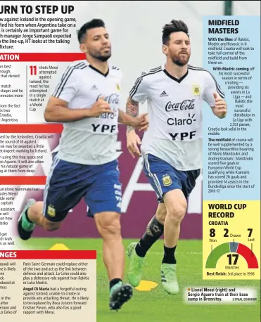  ?? UTPAAL SORKKAR ?? ■ Lionel Messi (right) and Sergio Aguero train at their base camp in Bronnitsy.