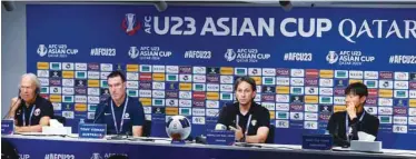  ?? ?? FROM LEFT: U-23 coaches – Ilidio Vale of Qatar, Tony Vidmar of Australia, Abdallah Abu Zema of Jordan and Shin Tae-yong of Indonesia – attend a press conference in Doha yesterday.