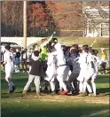  ?? Photo by Branden Mello ?? The No. 6 Lincoln boys soccer team celebrates a penalty-kick shootout win over Burrillvil­le Sunday afternoon.