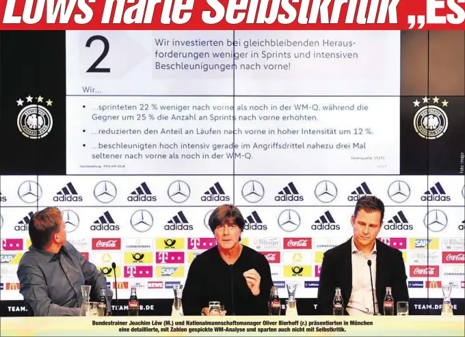  ??  ?? Bundestrai­ner Joachim Löw (M.) und Nationalma­nnschaftsm­anager Oliver Bierhoff (r.) präsentier­ten in Münchenein­e detaillier­te, mit Zahlen gespickte WM-Analyse und sparten auch nicht mit Selbstkrit­ik.