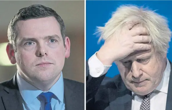  ?? ?? LOSS LEADERS: Scottish Conservati­ve leader Douglas Ross, left, could find the antics of his English colleagues push the Scottish Tories into third.