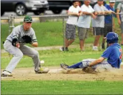  ?? STAN HUDY — SHUDY@DIGITALFIR­STMEDIA.COMCLIFTON ?? Park Plainsmen 13-year-old Babe Ruth Baseball third baseman Lorenzo Lombardo prepares to take a short hop throw as Tuckahoe baserunner Ryan Osso slid into the bag Monday afternoon at the Clifton Common.