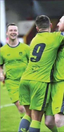  ??  ?? Sean Brennan (third from left) and Ciaran Kelly (second right) both had reason to celebrate last Friday as their goals rescued a point for Drogheda away to Cabinteely.