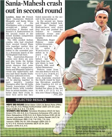  ??  ?? Roger Federer in action during the men’s singles third round match against Julien Benneteau at the Wimbledon on Friday. — AFP