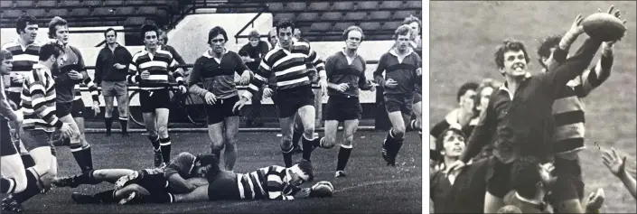  ??  ?? Tom W alsh scoring a try against N.I.F.C., with Mick Fitzpatric­k and Frank Ennis in support, and Irish great Mike Gibson third from right.
Tom Walsh winning this line-out ball during his U.C.D. days.