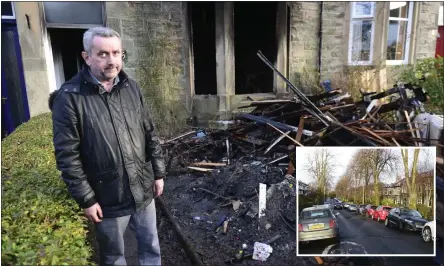  ?? Picture: Jamie Simpson ?? John McLaughlin, 54, outside his burnt-out home, and inset, his congested street