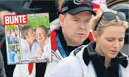  ??  ?? Charlene y Alberto en Sochi el pasado 9 de febrero y la portada que ha escandaliz­ado en Mónaco