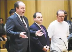  ?? Erik Trautmann / Hearst Connecticu­t Media ?? Attorney Kent Douglas Mawhinney, right, is arraigned on conspiracy to commit murder charges in Stamford Superior Court on Jan. 8.
