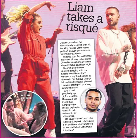  ??  ?? IN TUNE Chloe and Liam Just to prove he’s not romantical­ly involved with his backing dancer, Liam Payne puts on a saucy performanc­e with the pretty lady. The pop star, 24, performed a number of sexy moves with Chloe Ferns as he took to the stage in...