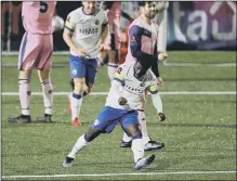  ?? ?? Abdulai Baggie, top left, watches his header go in for Hawks’ opening goal