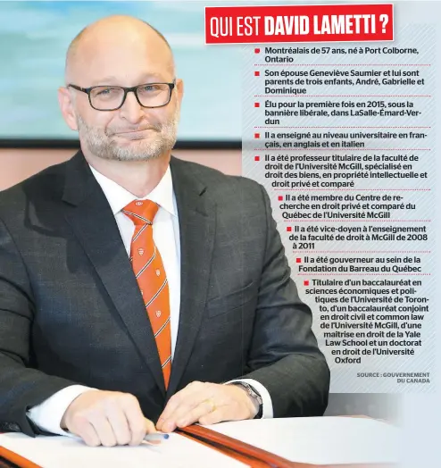  ?? PHOTO MATTHEW USHERWOOD, AGENCE QMI ?? Le Montréalai­s David Lametti a été assermenté hier ministre de la Justice et procureur général du Canada à Rideau Hall.