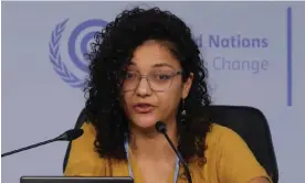  ?? ?? Sanaa Seif speaking at a press conference at Cop27 on Tuesday. Photograph: Sean Gallup/ Getty Images