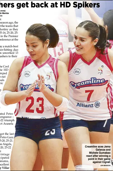 ?? JUN MENDOZA ?? Creamline aces Jema Galanza and Michele Gumabao react after winning a point in their game against Cignal.