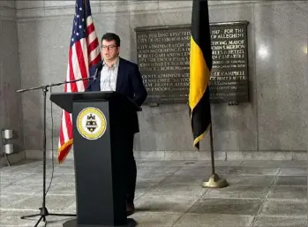  ?? Laura Esposito/Post-Gazette ?? Councilman Bob Charland announces St. Patrick’s Day safety plans at the City-County Building on Friday in Downtown. A new police substation on the South Side opens Saturday.