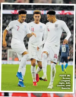  ??  ?? FOOT IN: Scorer Lingard, right, Alli, centre, and Sancho