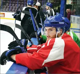  ?? DAVID CROMPTON/Penticton Herald ?? Forward Duncan Campbell, the overtime hero in Game 7 of the BCHL final against the Chilliwack Chiefs, looks on from the bench during Penticton Vees practice Thursday at the South Okanagan Events Centre.