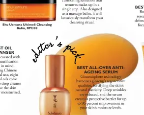  ??  ?? Shu Uemura Ultime8 Cleansing Balm, RM300 Sulwhasoo Concentrat­ed Ginseng Renewing Cream EX, RM795