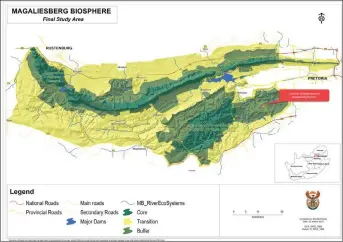  ??  ?? This map shows the location of Kaywell Holdings’ applicatio­n in relation to the Magaliesbe­rg Biosphere Reserve.