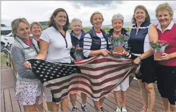  ??  ?? Winners of the Ladies’ Open at Machrie Bay, held on American Independen­ce Day, were Liz Kerr, Alice Anderson and Jenni Turnbull with several of the hole winners.