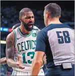  ?? CHARLES KRUPA/AP PHOTO ?? Celtics forward Marcus Morris (13) argues a foul call with referee Josh Tiven (58) during the second quarter of Saturday night’s NBA playoff game against the Bucks at Boston. Tiven is a Ledyard High School graduate.