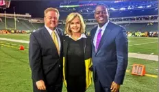  ?? Courtesy of Sally Wiggin ?? Guy Junker, left, Sally Wiggin and Andrew Stockey before her last “Black &amp; Gold Primetime” Steelers special in 2017.