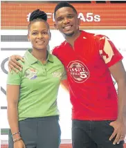  ??  ?? GREAT RECEPTION: Samuel Eto’o welcomes Amanda Dlamini, who is the first women’s ambassador to the Africa 5s Premier Social League