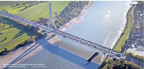  ?? FOTO: HENNING KAISER/DPA ?? Die Fleher Brücke führt die Autobahn 46 zwischen Düsseldorf und Neuss über den Rhein.