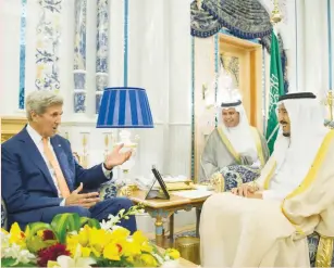  ?? (Saudi Press Agency) ?? SAUDI KING SALMAN (right) meets US Secretary of State John Kerry in Jeddah last month.