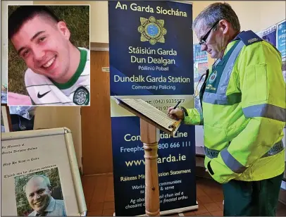  ??  ?? Grief: Signing the book of condolence at Omeath Garda station; inset, killer Adrian Crevan Mackin