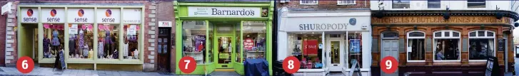  ??  ?? Sense charity shop for the blind and deaf was Osborne stationers until it went bust in 2014 Barnardo’s was Rosemary’s independen­t health foods Shuropody is a chain of ‘comfort shoe’ stores The Royal Exchange pub dates back to 1890 and is part of the Enterprise Inns chain 6 7 8 9