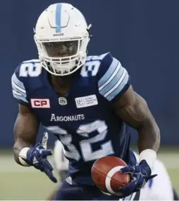  ?? JOHN E. SOKOLOWSKI/GETTY IMAGES ?? Running back James Wilder Jr. has more than 1,100 yards from scrimmage — 736 rushing, 442 receiving — in his rookie season with the Argos.