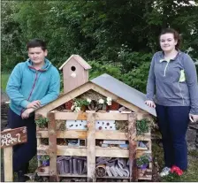  ??  ?? Nathan Kelliher and Chloe Casey with their unusual creation, which they made on behalf of Kilgarvan Tidy Towns.