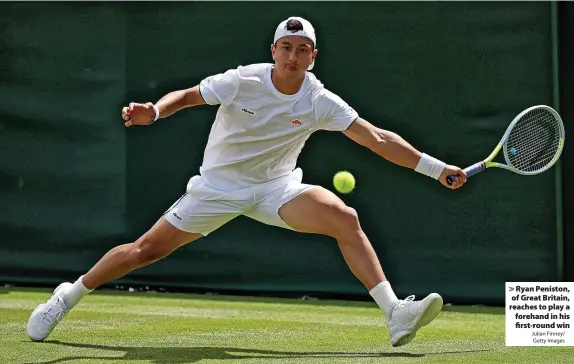  ?? Julian Finney/ Getty Images ?? Ryan Peniston, of Great Britain, reaches to play a forehand in his first-round win