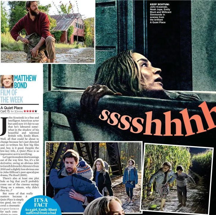  ?? MATTHEW BOND ?? keep schtum: John Krasinski, Noah Jupe, Emily Blunt and Millicent Simmonds in scenes from the brilliant A Quiet Place