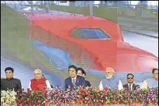  ?? AFP FILE ?? Prime Minister Narendra Modi (centre) with Japanese counterpar­t Shinzo Abe (third from left) at the ground breaking ceremony for the high speed rail project earlier this month.