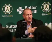  ?? JANE TYSKA — BAY AREA NEWS GROUP, FILE ?? A’s general manager David Forst speaks during a press conference at the Coliseum in Oakland in October 2018.