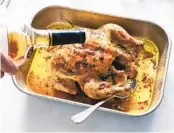  ?? ?? Remove the bird from the oven briefly and baste with extra cognac and juices before letting it rest.