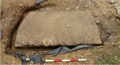  ??  ?? Above: Stone slab in the south transept, with remains of a recess or niche beneath (below, scale 50cm)