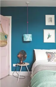  ??  ?? ANNABEL’S ROOM Pink woodwork contrasts beautifull­y with teal walls. Walls painted in Air Force Blue absolute matt emulsion, £47 for 2.5ltr, Little Greene. Woodwork in Pink Ground estate eggshell, £64 for 2.5ltr, Farrow & Ball. Light cable,