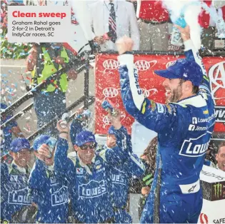  ?? MATTHEW O’HAREN, USA TODAY SPORTS ?? Jimmie Johnson enjoys Sunday’s victory, which tied him for sixth on Cup’s career list.