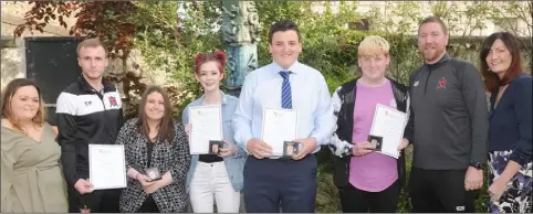  ??  ?? Sonia McKeown, Medbh McCourt, Joshua Challoner and Jordan O’Callaghan, with their Bronze Gaisce-The President’s Award at Dundalk Youth Centre, along with Stacey McVeigh, Dundalk Youth Centre, Mary Yore, Regional Developmen­t Officer at Gaisce along with...