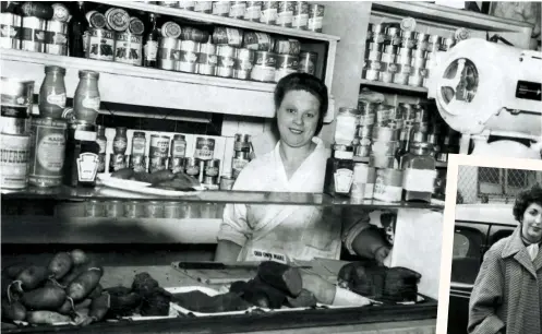  ??  ?? Girl Walker, below right, and her mother Alice behind the counter of her butcher’s shop in Stepney, left. Below left: Babs Clark with her mother Bobby and elder sister Jean, who were all caught up in the crush at Bethnal Green station