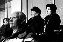  ?? PATRICK SEMANSKY/AP ?? Kim Yo Jong, right, sister of North Korean leader Kim Jong Un, sits beside the North’s Kim Yong Nam, and behind Vice President Mike Pence during the 2018 Winter Olympics.