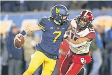  ?? [IAN MAULE/ TULSA WORLD] ?? West Virginia quarterbac­k Will Grier tries to elude OU linebacker Curtis Bolton during a 2018 game. Grier was a West Virginia icon who could have reaped the benefits of the NCAA's name/image/likeness reform.