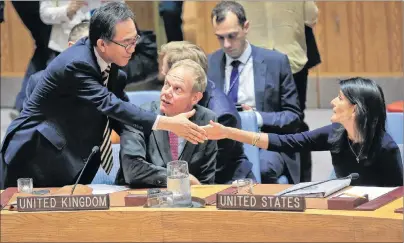  ?? AP PHOTO ?? South Korea’s United Nations Ambassador Cho Tae-yul, from left, meets with UN Ambassador­s Matthew John Rycroft of the U.K. and Nikki Haley of the U.S. after the UN Security Council’s non-proliferat­ion meeting on North Korea, Monday, at UN headquarte­rs...