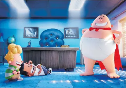  ??  ?? The voice actors bear the brunt in bringing Harold, voiced by Thomas Middleditc­h, left, George, voiced by Kevin Hart and Captain Underpants, voiced by Ed Helms, to life.