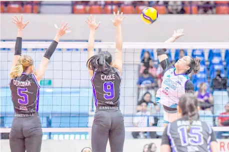  ?? PHOTOGRAPH COURTESY OF PVL ?? GRAZE Bombita powers Galeries Tower to a 25-17, 25-14, 25-12 win over Strong Group Athletics in the Premier Volleyball League All-Filipino Conference Saturday at the Ynares Center in Antipolo.